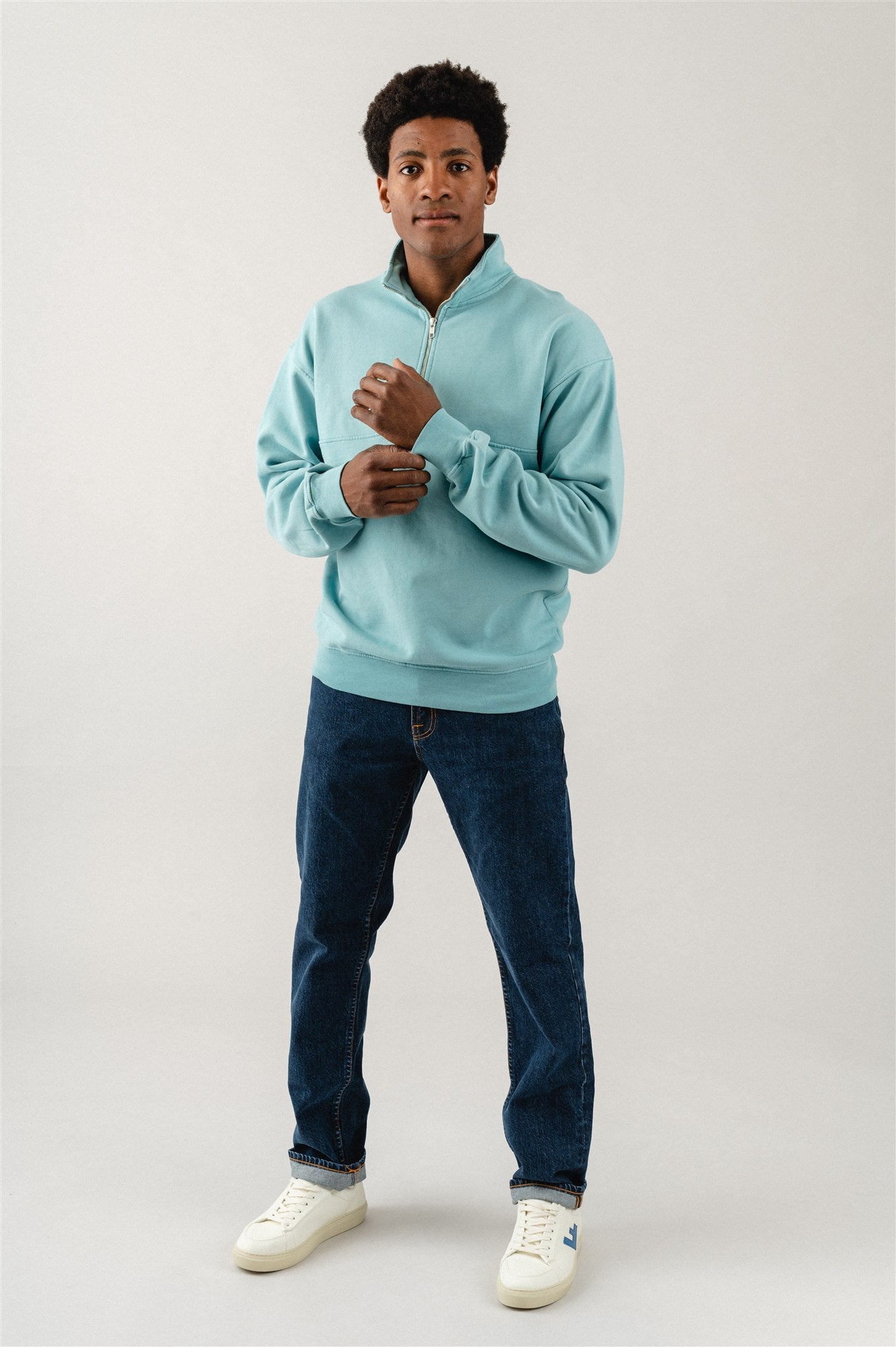 Sweat camionneur mixte col zippé bleu canard en coton bio - teal blue