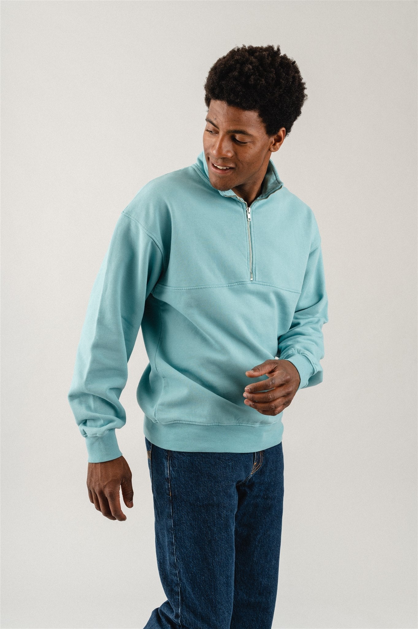 Sweat camionneur mixte col zippé bleu canard en coton bio - teal blue