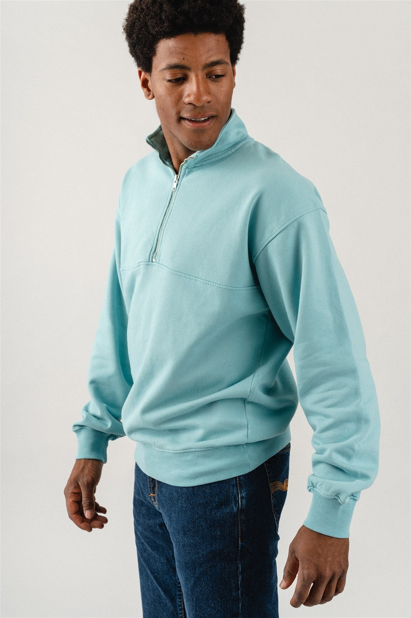 Sweat camionneur mixte col zippé bleu canard en coton bio - teal blue