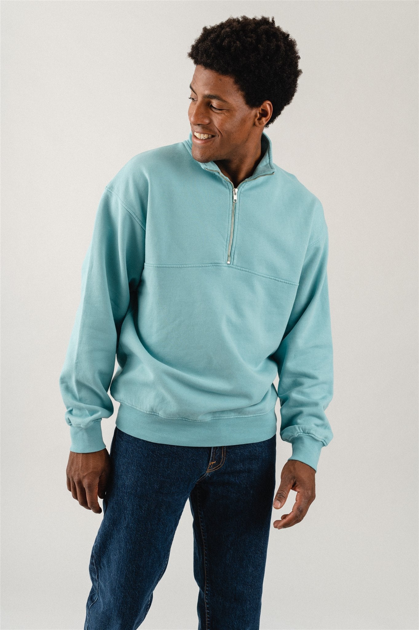 Sweat camionneur mixte col zippé bleu canard en coton bio - teal blue