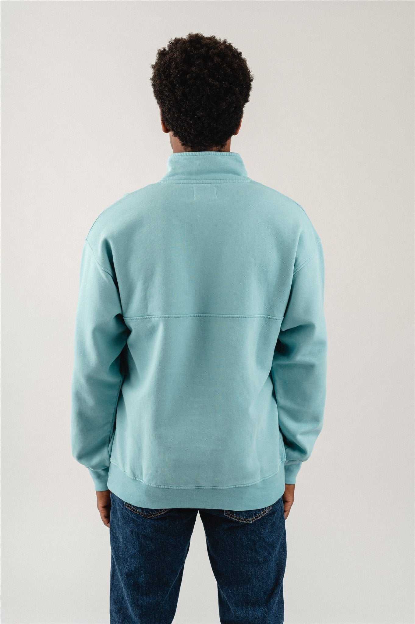Sweat camionneur mixte col zippé bleu canard en coton bio - teal blue