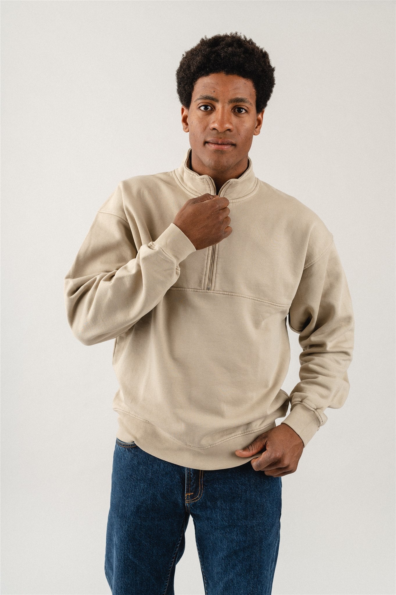 Sweat camionneur mixte col zippé gris nacre en coton bio - Quarter Zip oyster grey