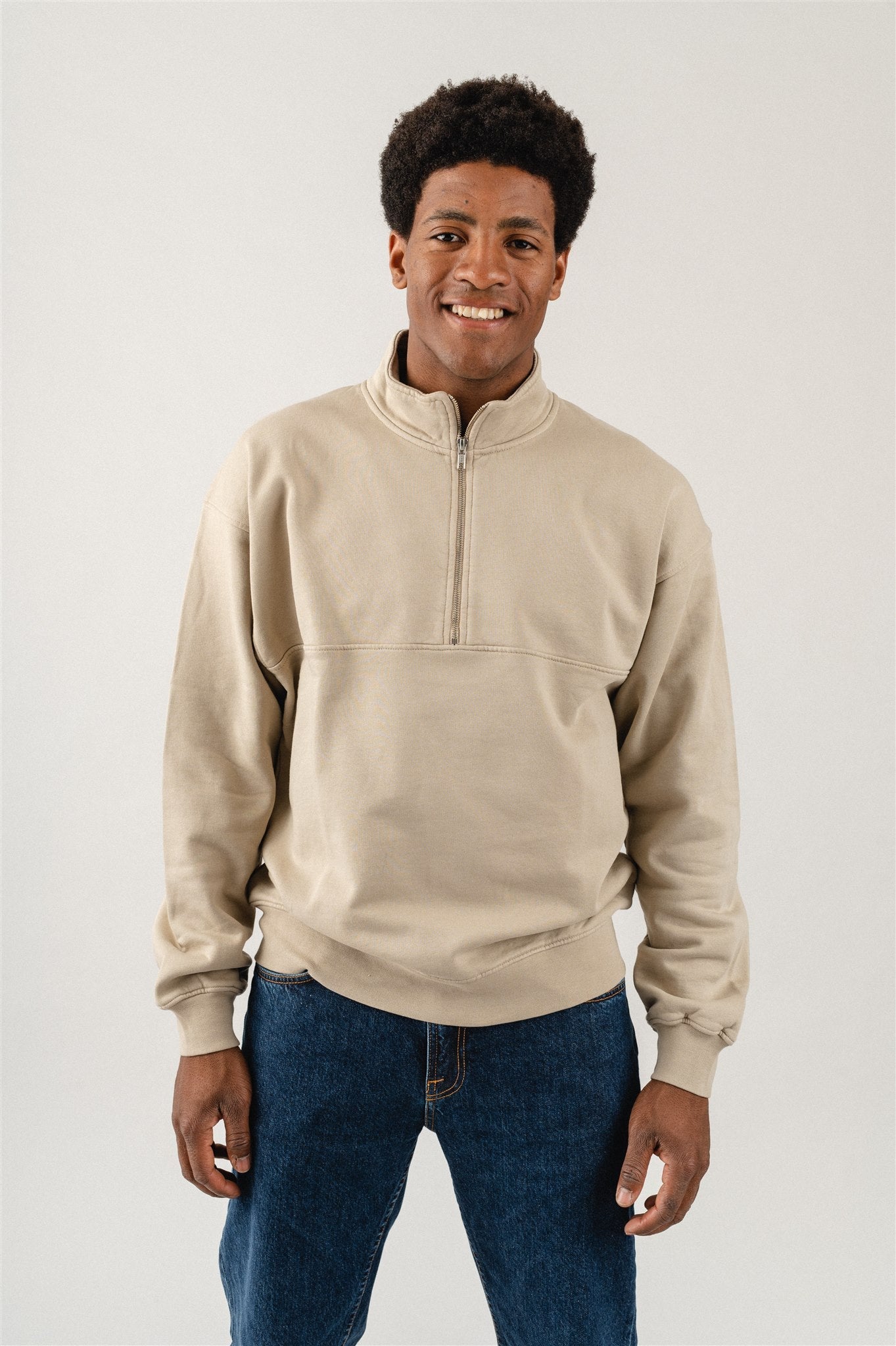 Sweat camionneur mixte col zippé gris nacre en coton bio - Quarter Zip oyster grey