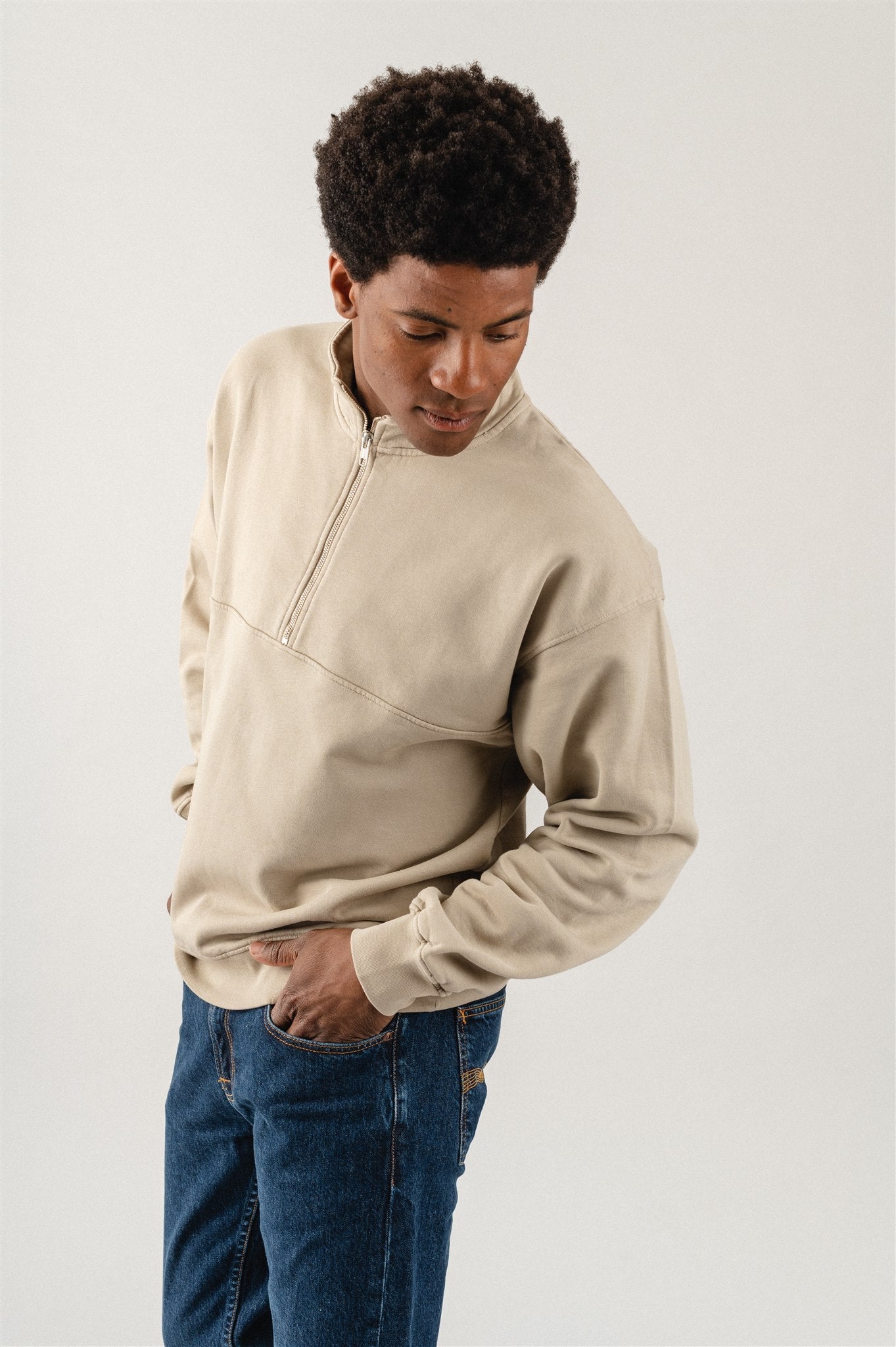 Sweat camionneur mixte col zippé gris nacre en coton bio - Quarter Zip oyster grey