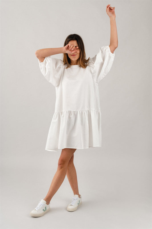 Robe blanche manches bouffantes en coton bio - luna white