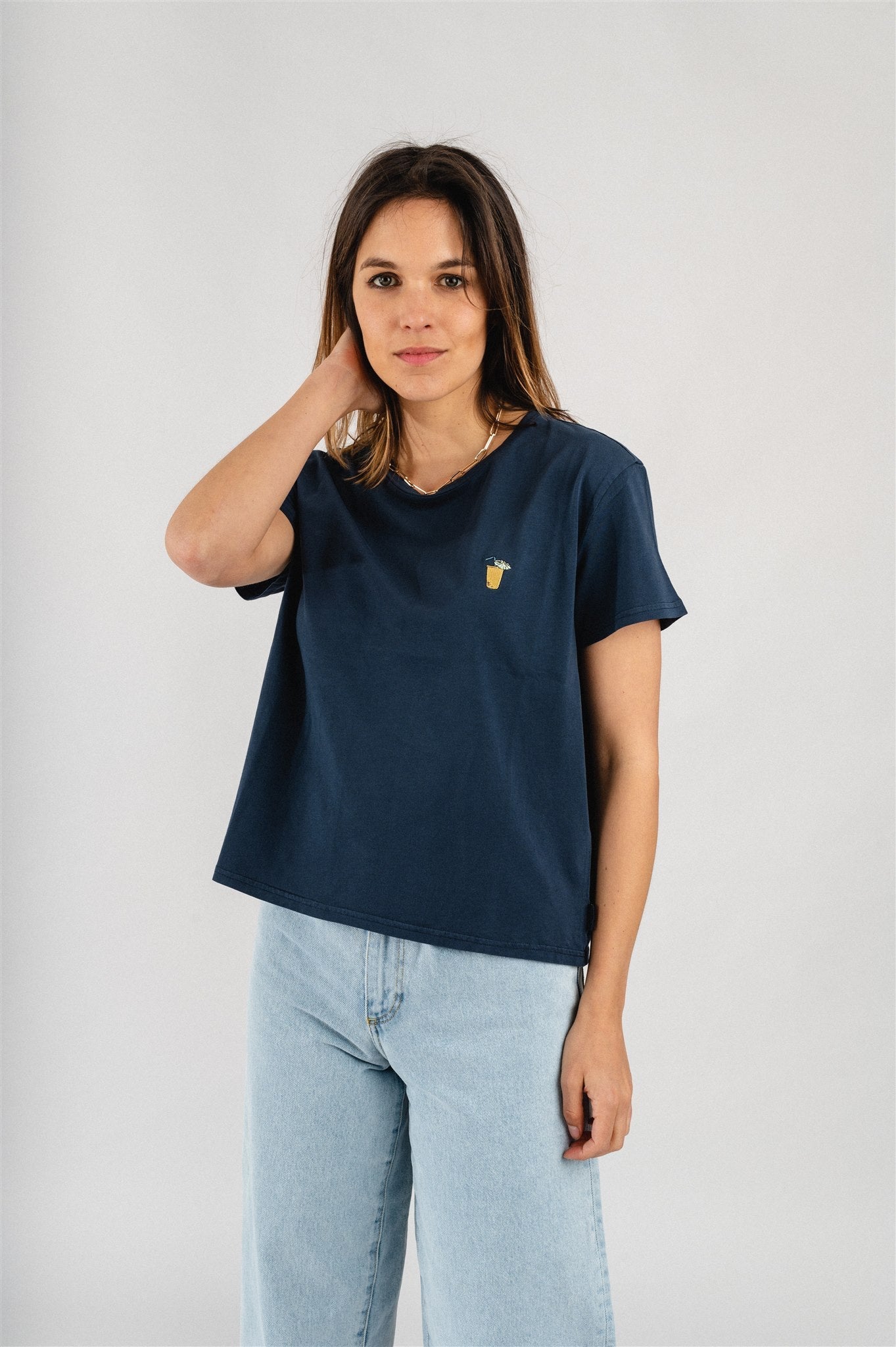 T-shirt marine brodé en coton bio - Lisa Pina Colada Navy