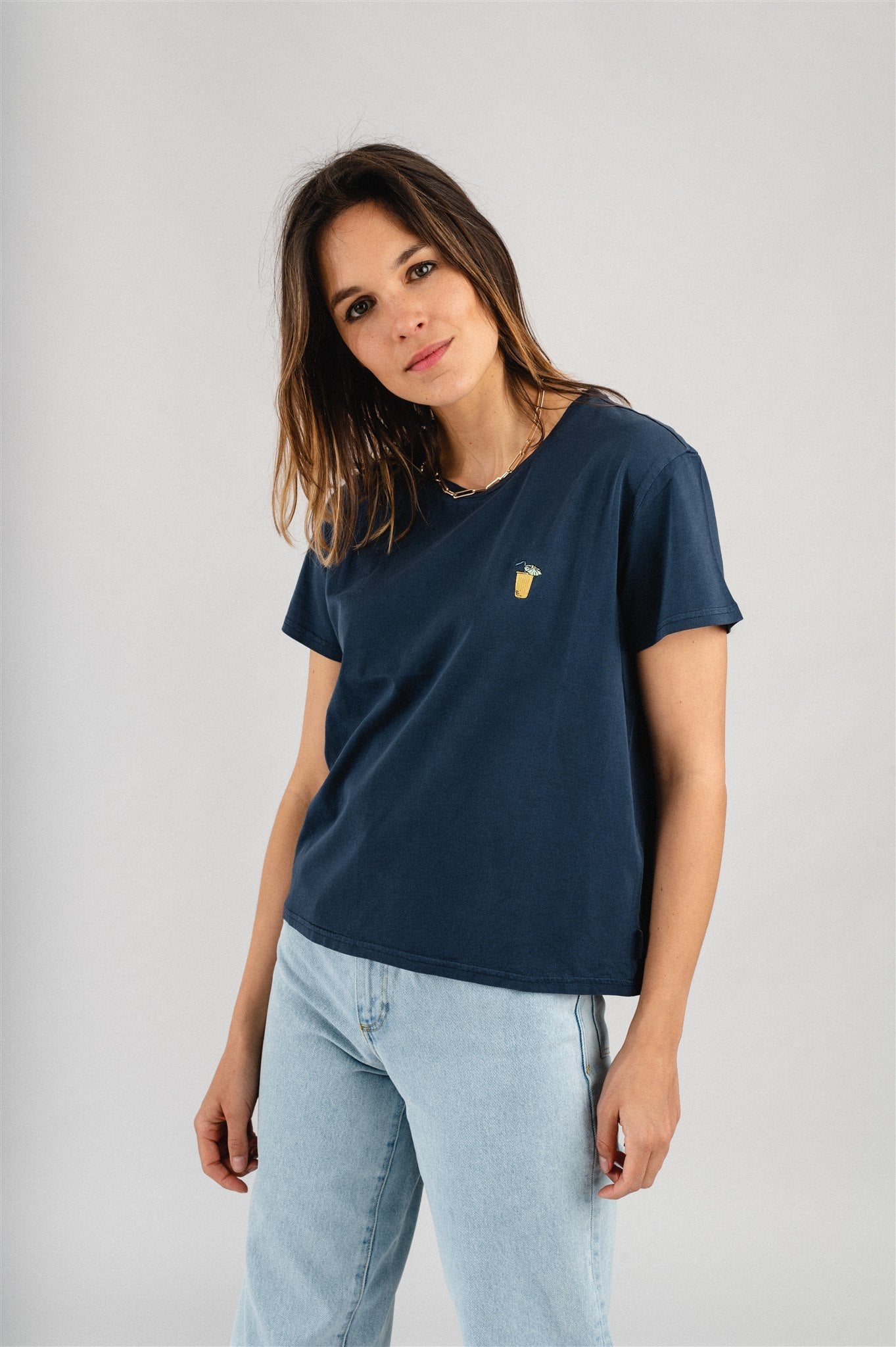 T-shirt marine brodé en coton bio - Lisa Pina Colada Navy