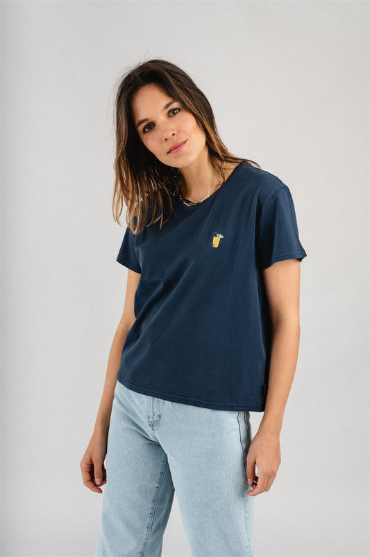 T-shirt marine brodé en coton bio - Lisa Pina Colada Navy