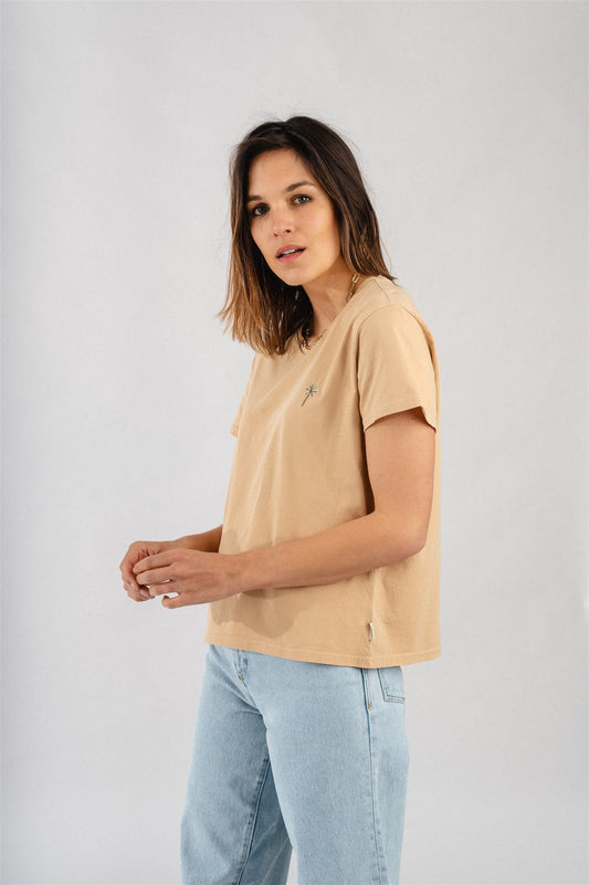 T-shirt beige brodé en coton bio - Lisa Palm Tree Faded Sun