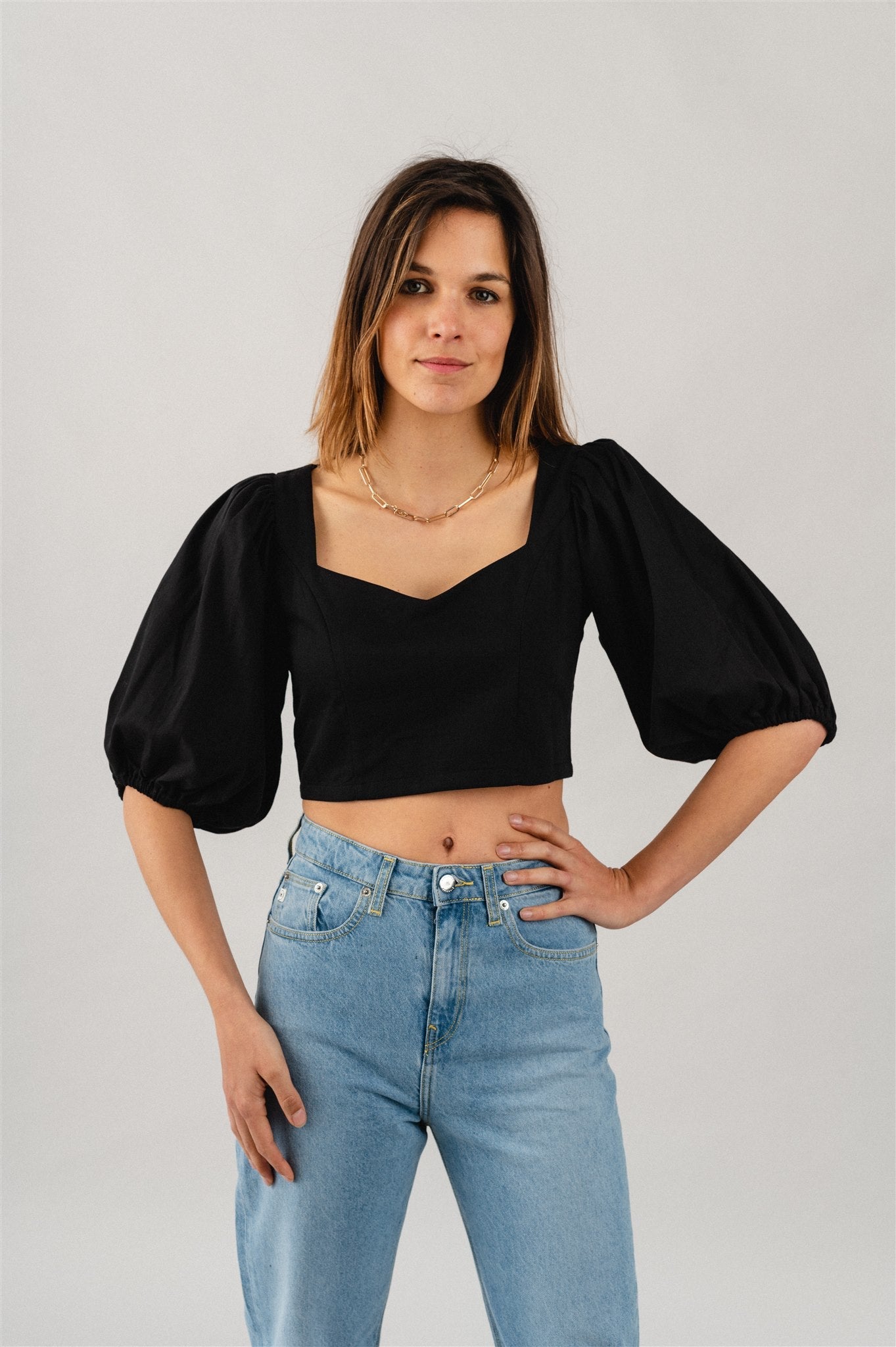 Blouse manches bouffantes noire en coton bio - MADALENA black