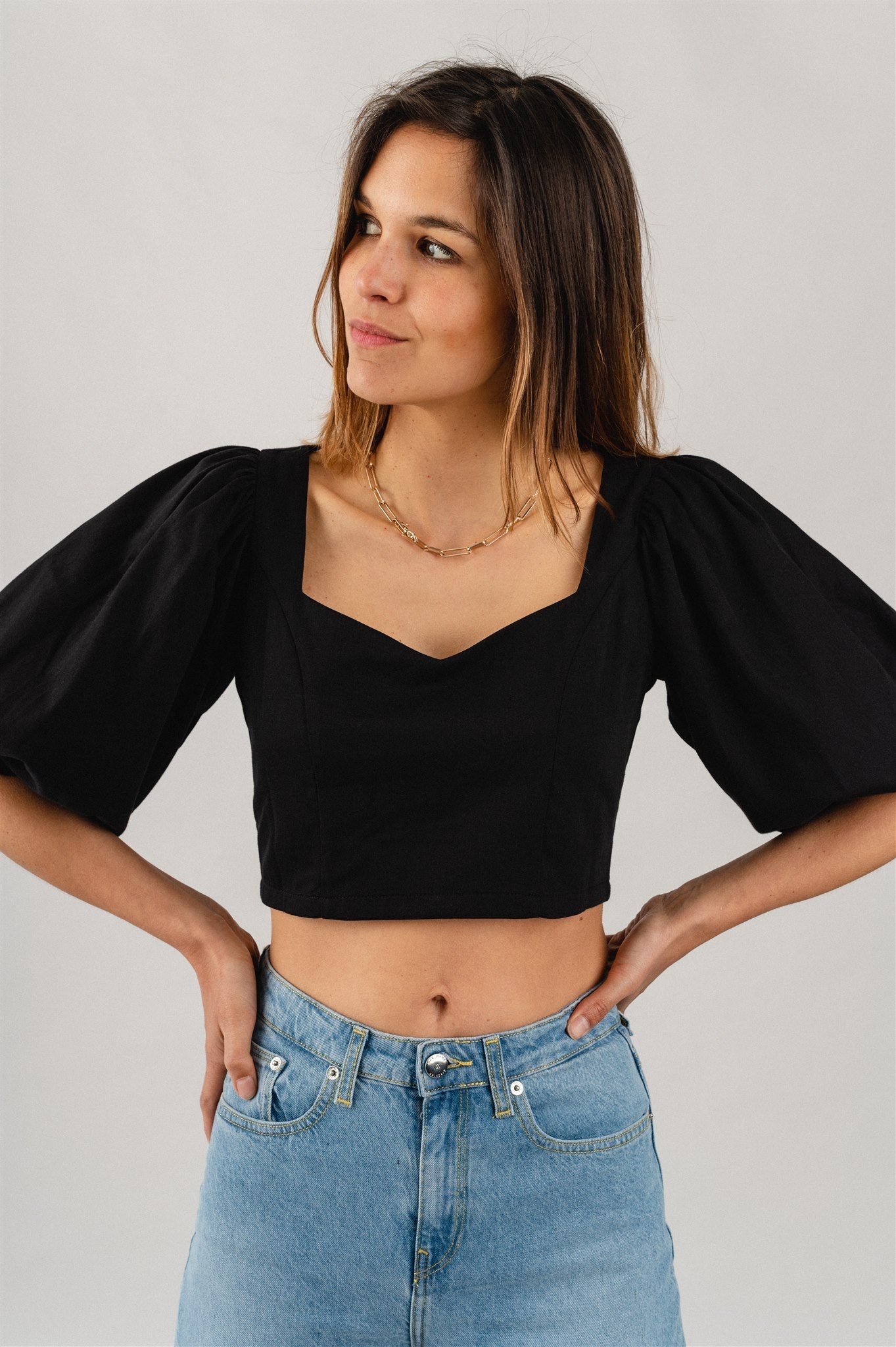 Blouse manches bouffantes noire en coton bio - MADALENA black