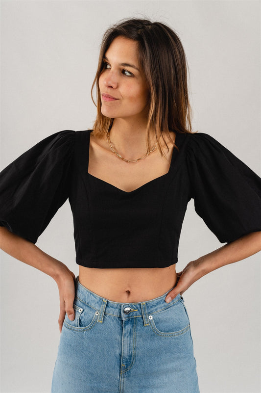 Blouse manches bouffantes noire en coton bio - MADALENA black