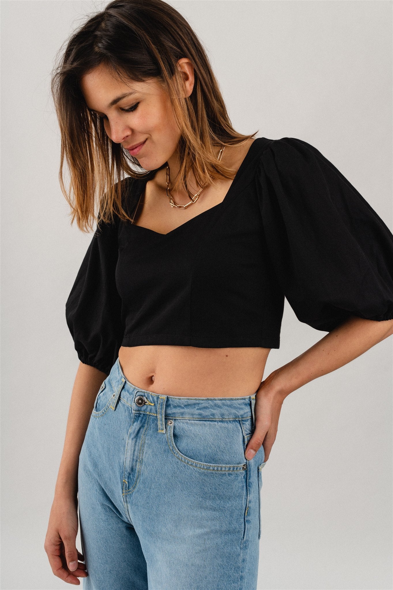 Blouse manches bouffantes noire en coton bio - MADALENA black