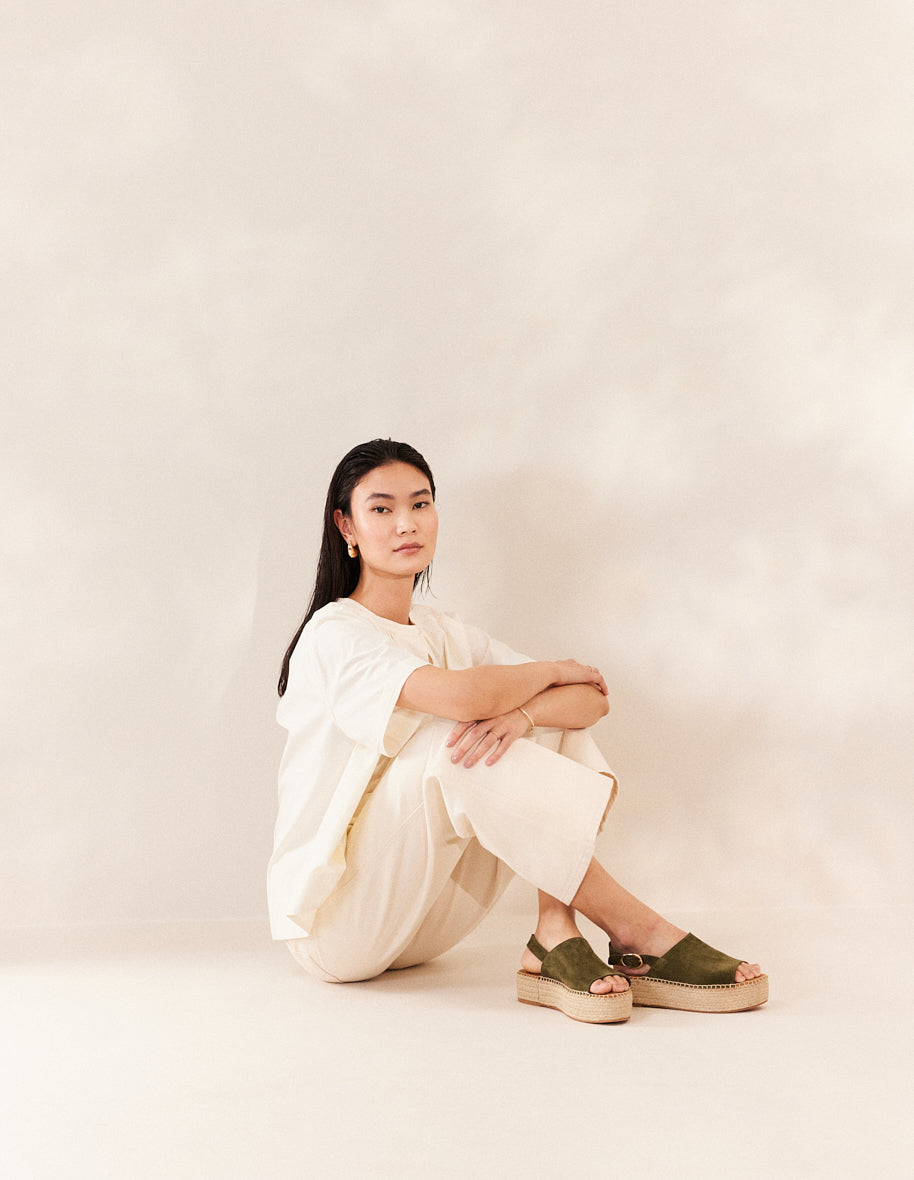 Espadrilles plateforme en cuir certifié | vert "espadrilles maya - suède sapin"