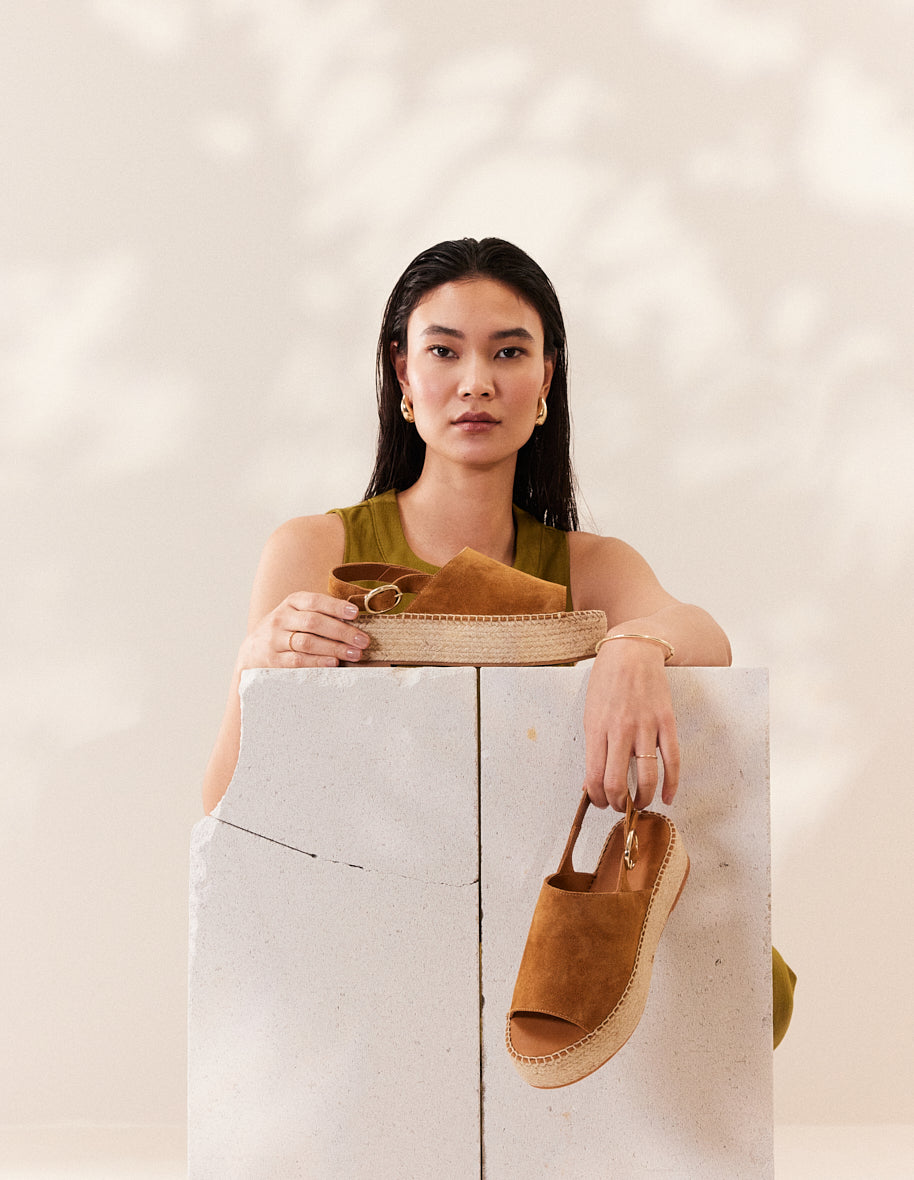 Espadrilles plateforme en cuir certifié | marron "espadrilles maya - suède ambre"