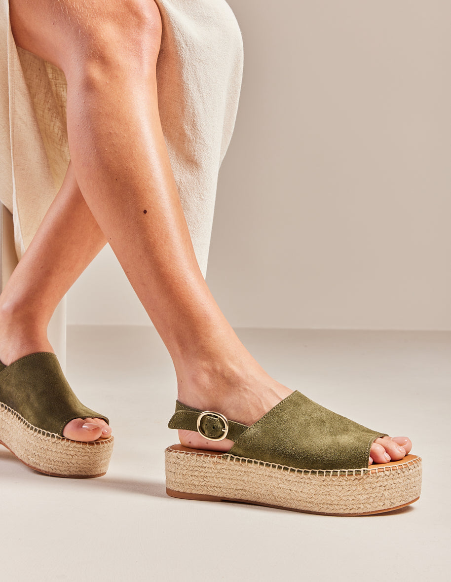 Espadrilles plateforme en cuir certifié | vert "espadrilles maya - suède sapin"