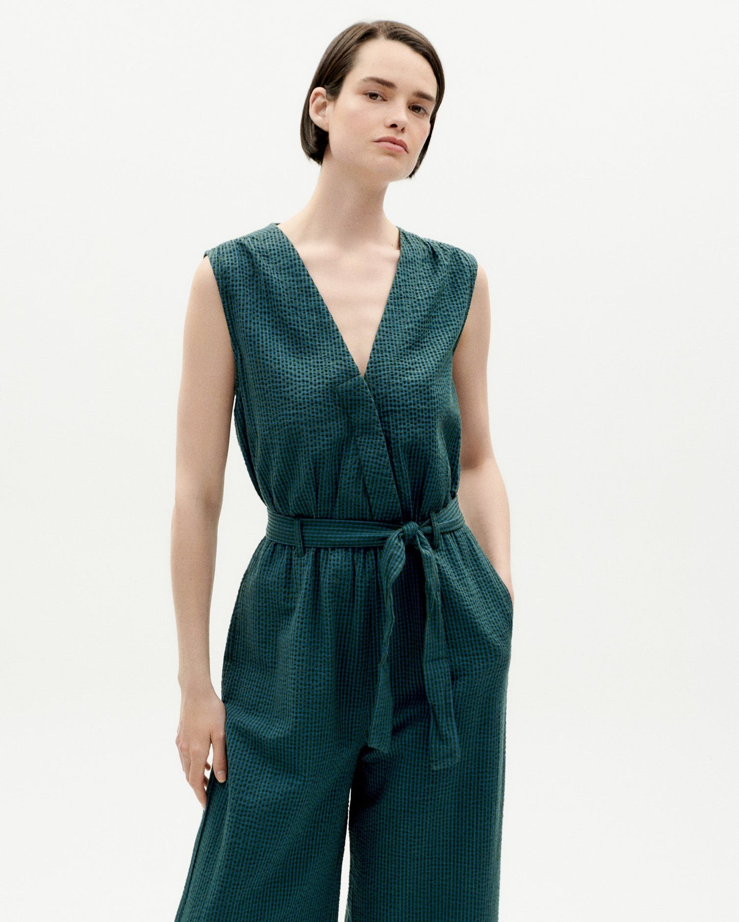 Combinaison en coton bio | vert "bottle green checks seersucker winona jumpsuit"