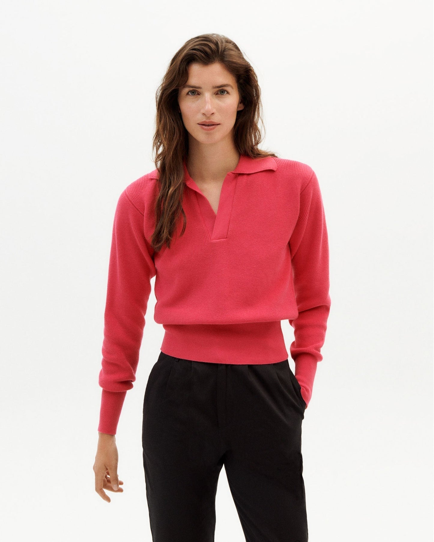 Pull col v rose en coton bio - pink sara knit sweater pink