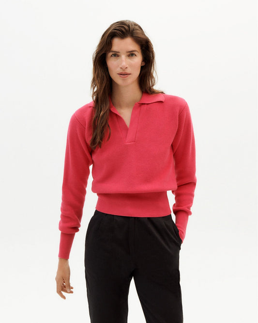 Pull col v rose en coton bio - pink sara knit sweater pink