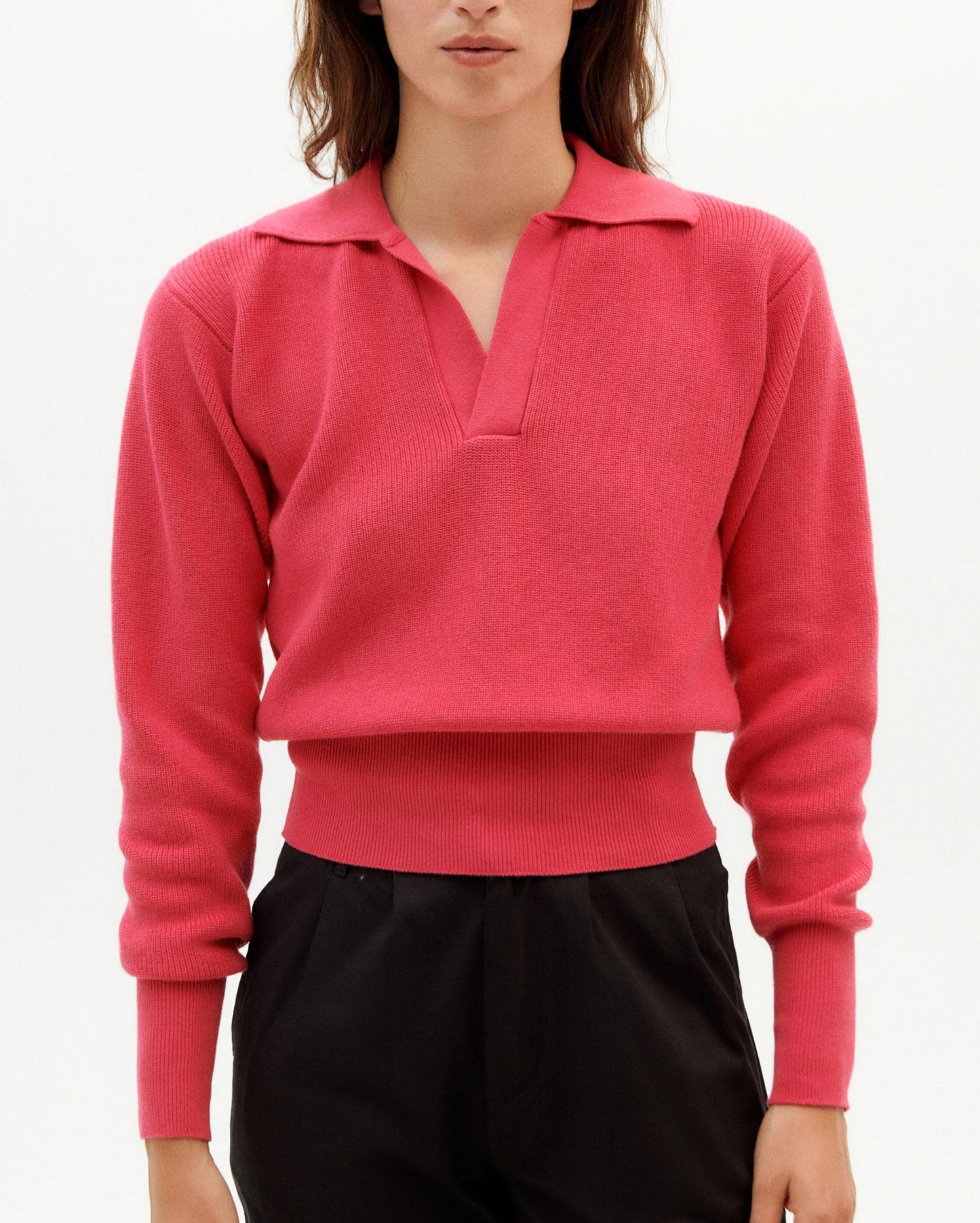 Pull col v rose en coton bio - pink sara knit sweater pink