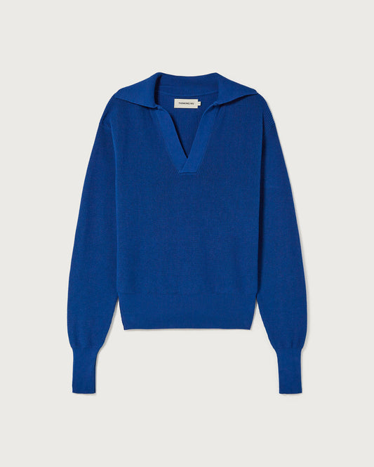 Pull col v marine en coton bio - sara knit sweatshirt navy
