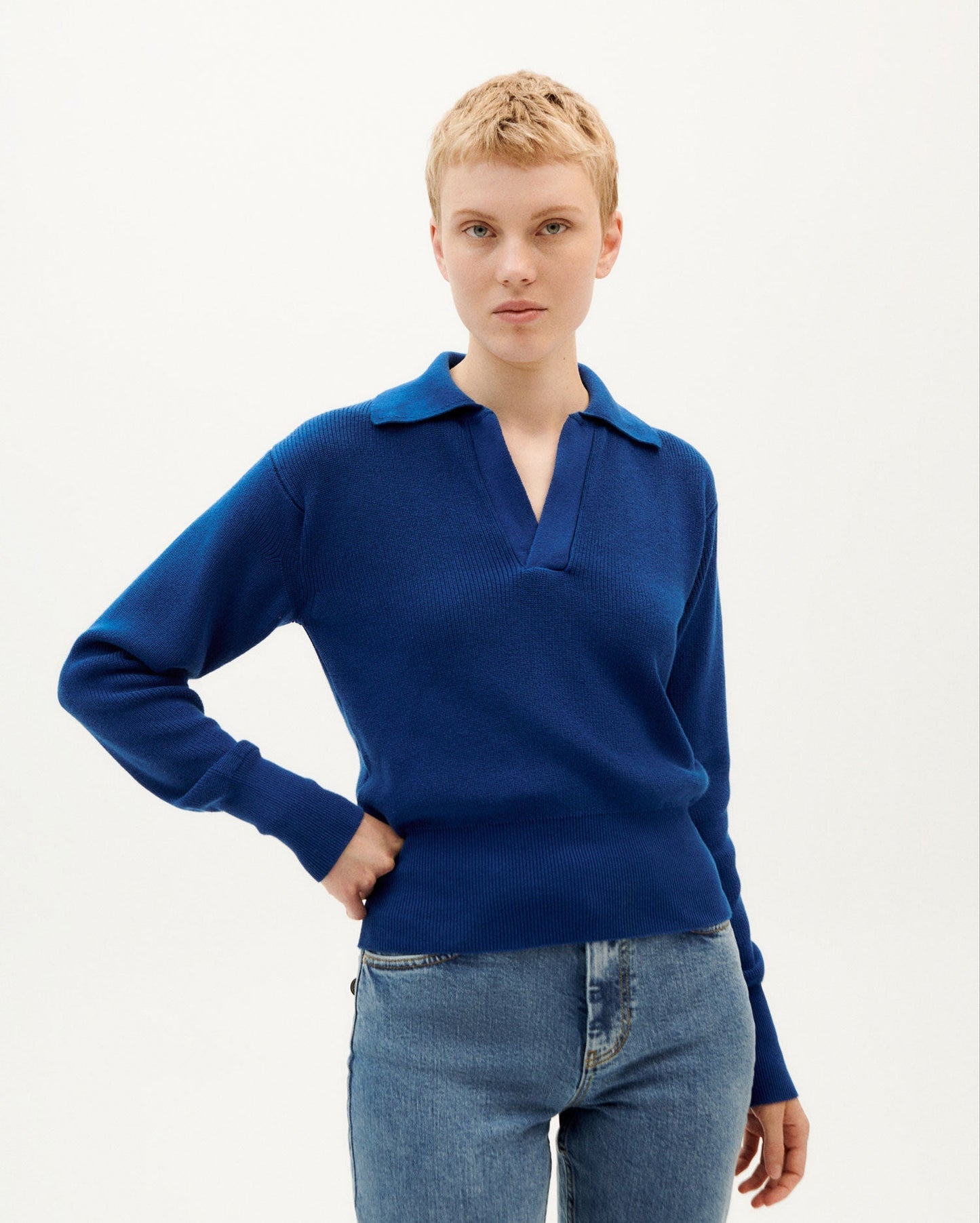 Pull col v marine en coton bio - sara knit sweatshirt navy