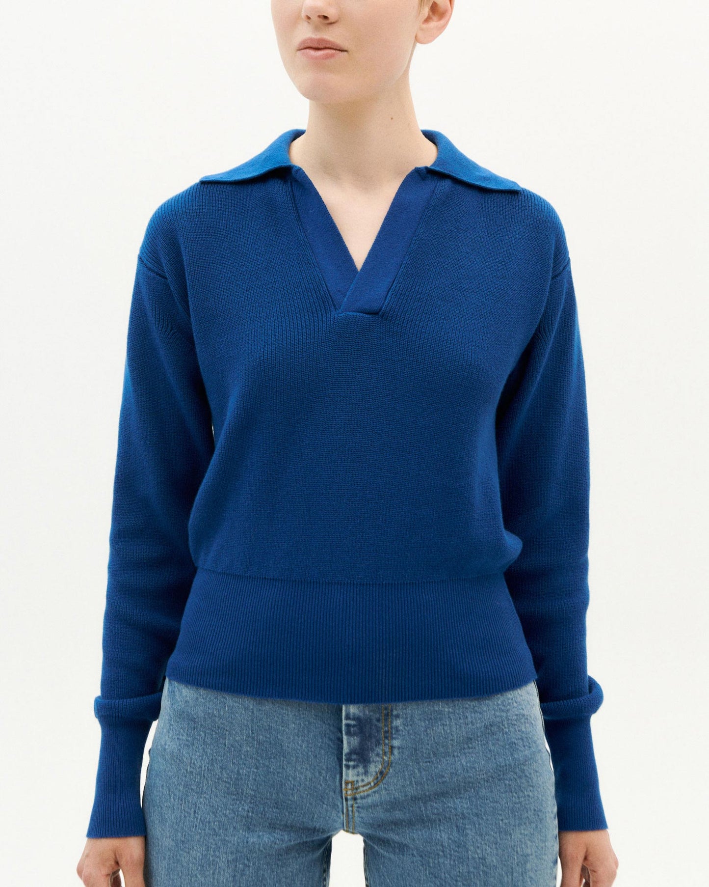 Pull col v marine en coton bio - sara knit sweatshirt navy