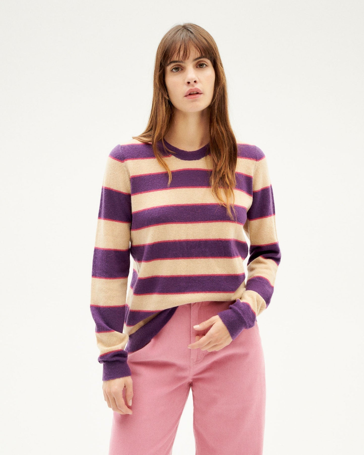 Pull en laine mérinos et matière recyclée | Rayé violet "violet stripes zoe knitted sweater"
