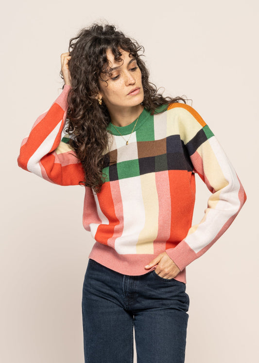 pull en laine mérinos et coton bio | multicolore "grid philis knitted sweater"