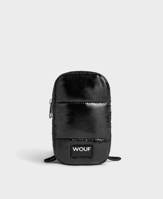 Pochette téléphone matelassée en recyclé | noir "glossy black phone bag"