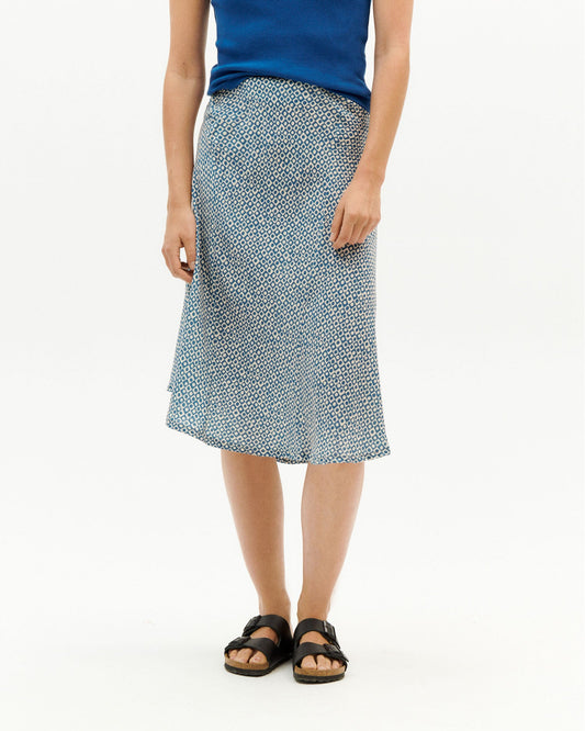 Jupe mi-longue bleue à motifs en ecovero - blue small spots amelie skirt