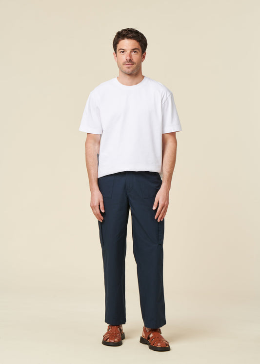 Pantalon droit cargo en coton bio | marine "Flint wide slub yarn pants total eclipse"