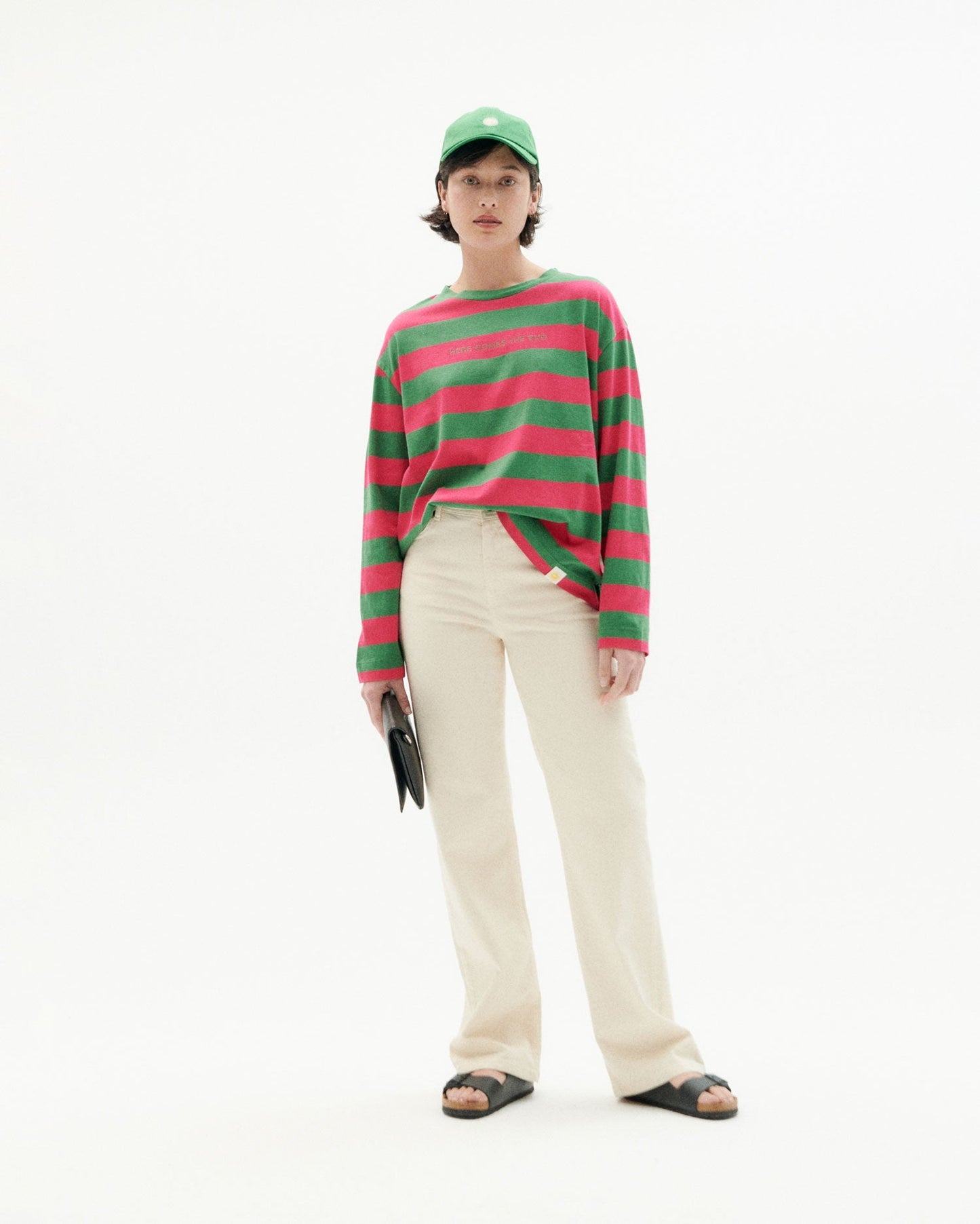 T-shirt rose et vert rayé en coton bio - pink stripes emily multicolor