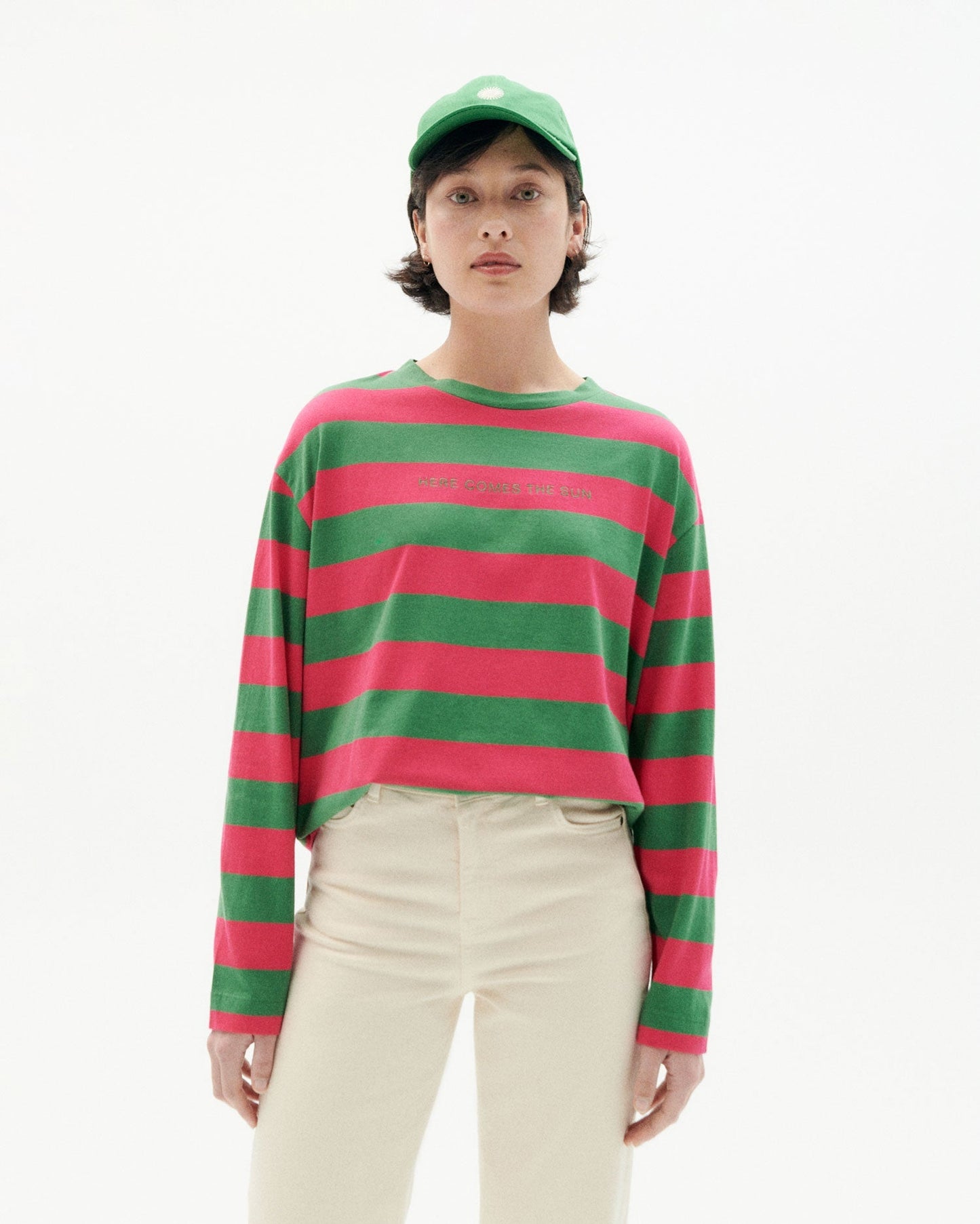 T-shirt rose et vert rayé en coton bio - pink stripes emily multicolor