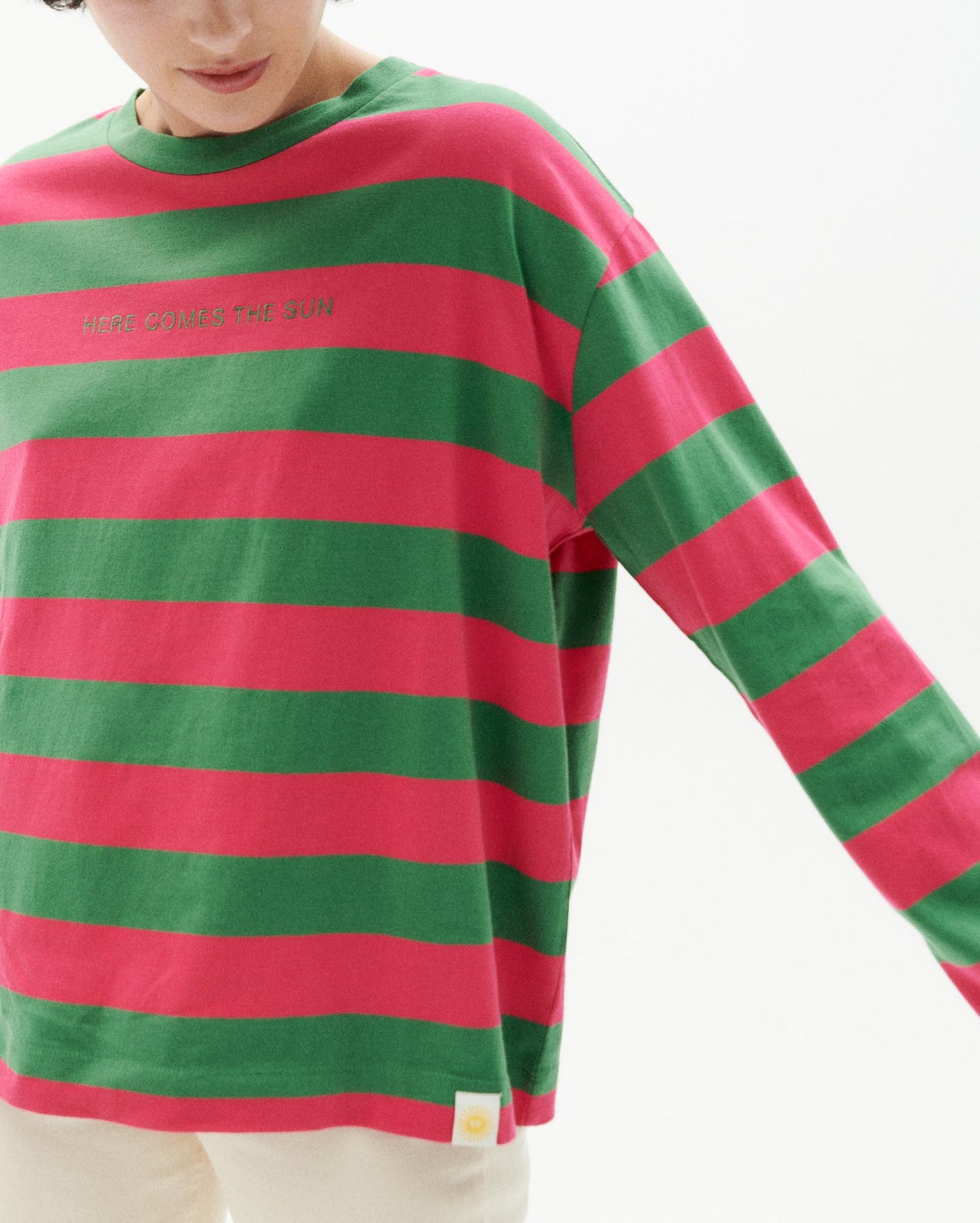 T-shirt rose et vert rayé en coton bio - pink stripes emily multicolor