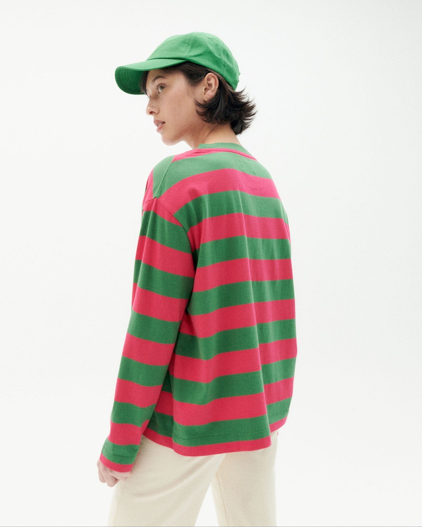 T-shirt rose et vert rayé en coton bio - pink stripes emily multicolor