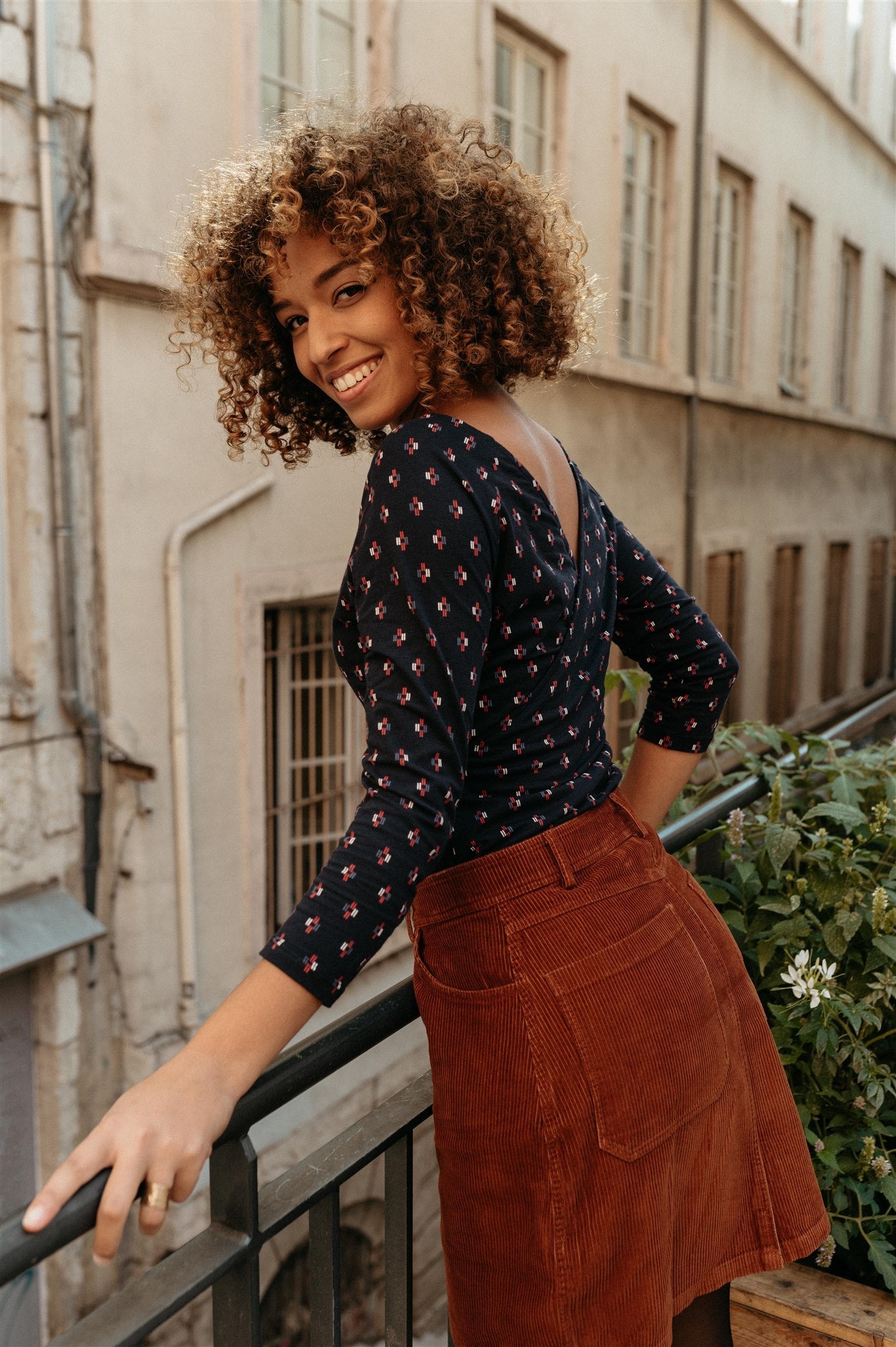 Top manches longues marine à motifs en coton bio - Renee