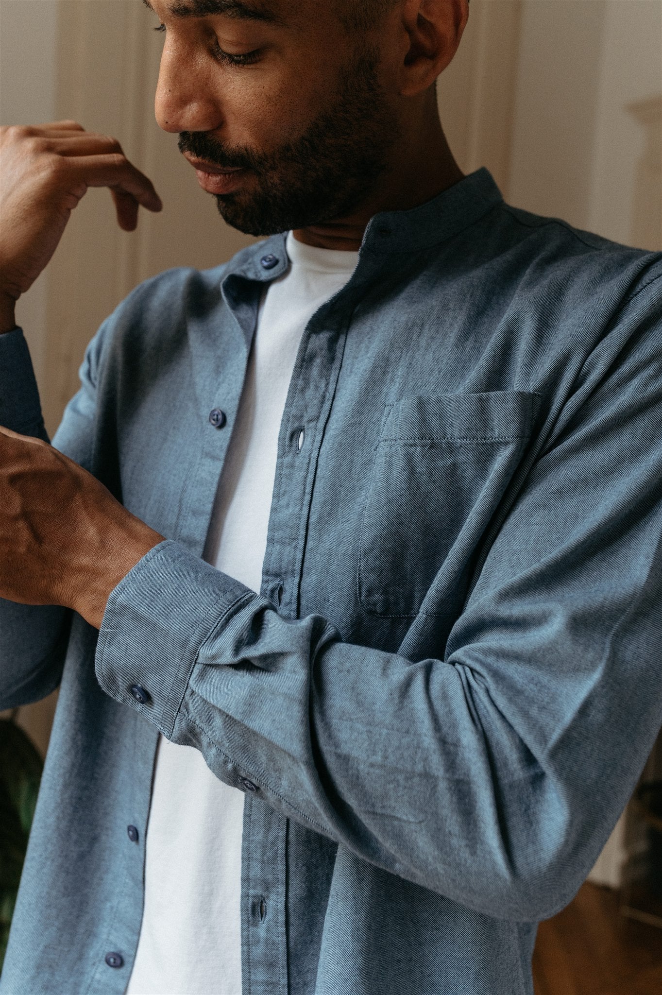 Chemise col officier bleue flanelle en coton bio - flannel dark denim