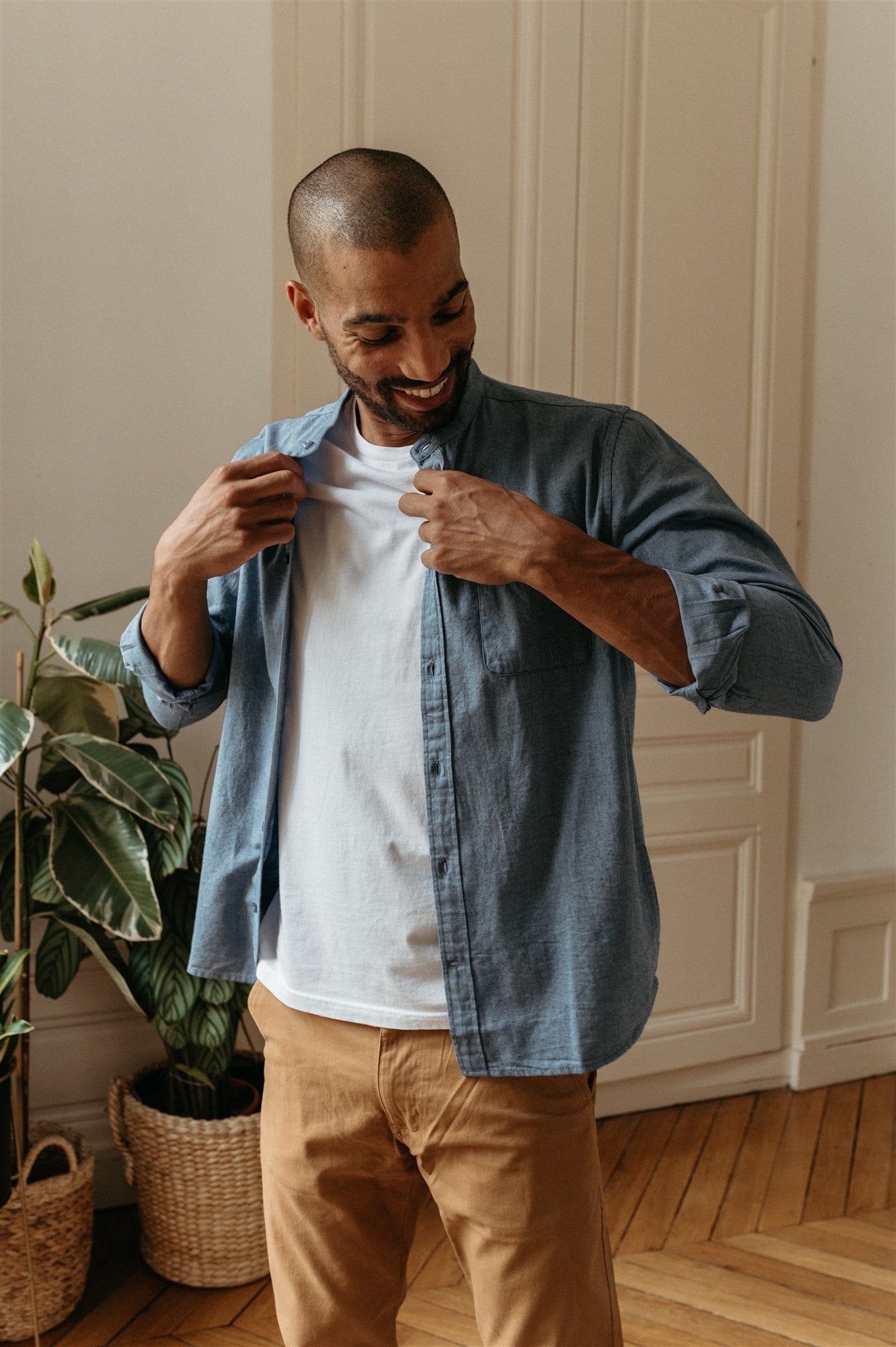 Chemise col officier bleue flanelle en coton bio - flannel dark denim