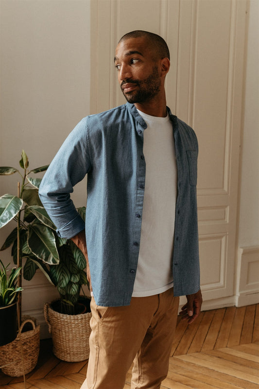 Chemise col officier bleue flanelle en coton bio - flannel dark denim