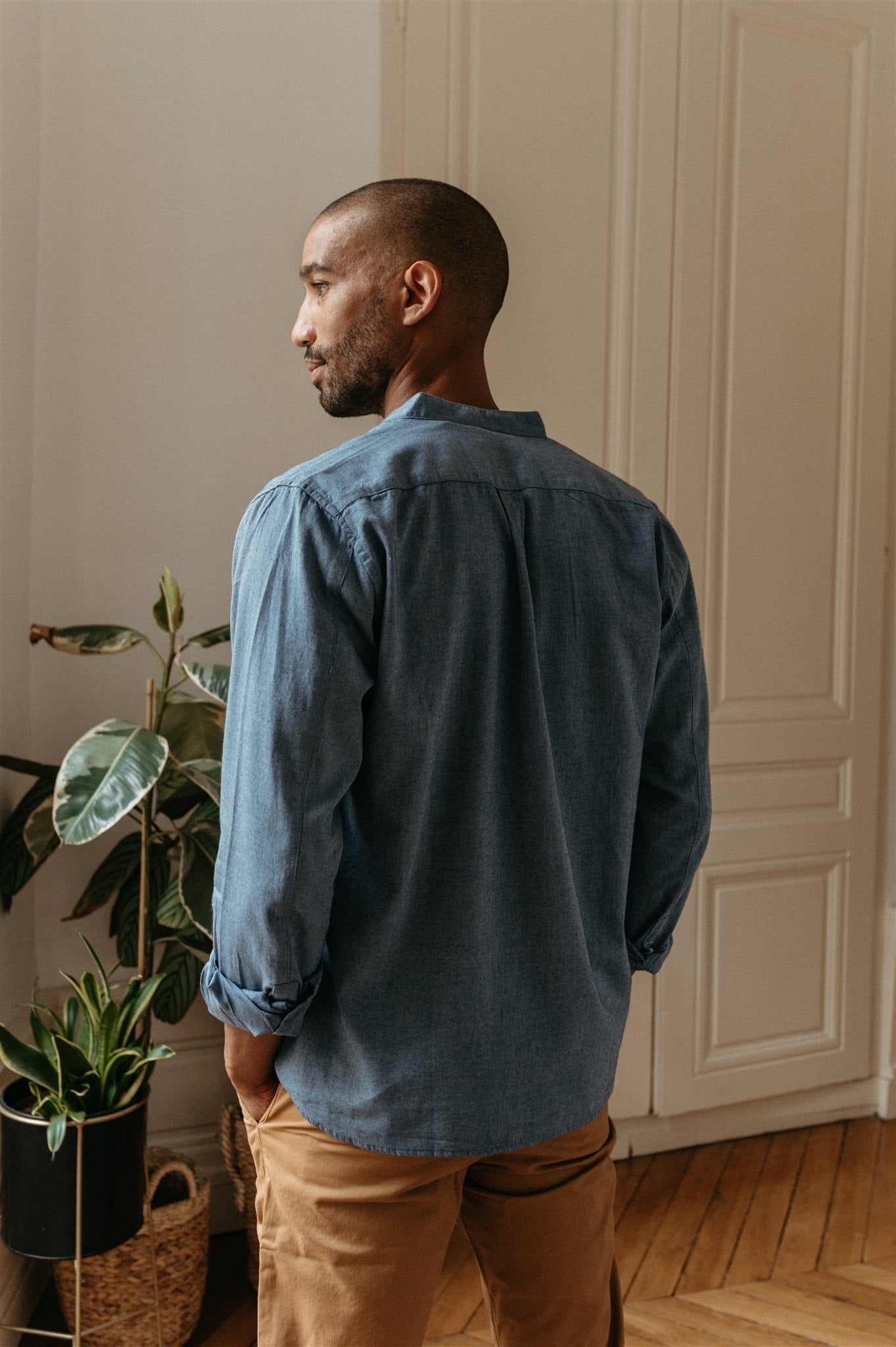 Chemise col officier bleue flanelle en coton bio - flannel dark denim