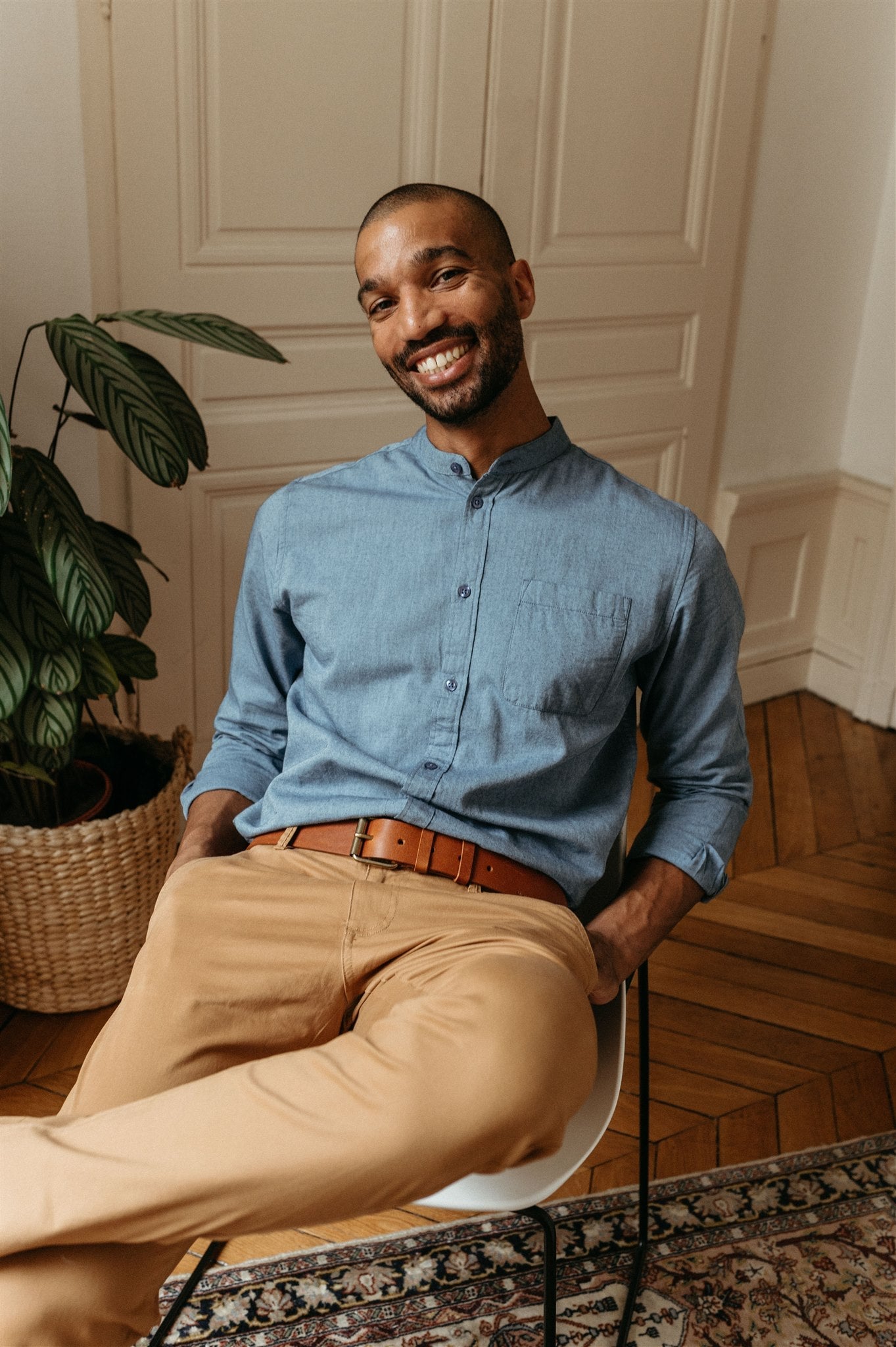 Chemise col officier bleue flanelle en coton bio - flannel dark denim
