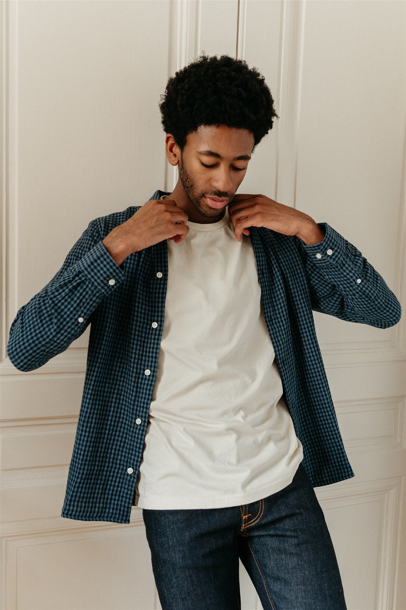 Chemise à carreaux bleue en coton bio - double layer checked custom fit shirt china blue