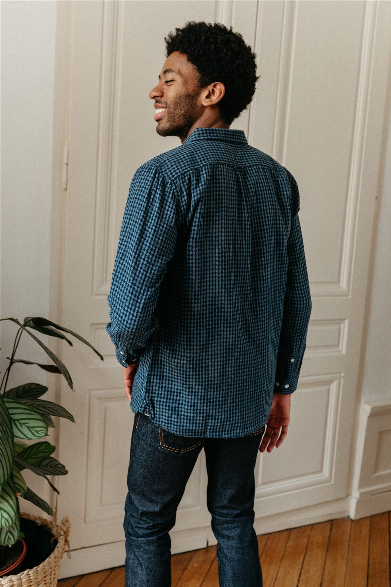 Chemise à carreaux bleue en coton bio - double layer checked custom fit shirt china blue