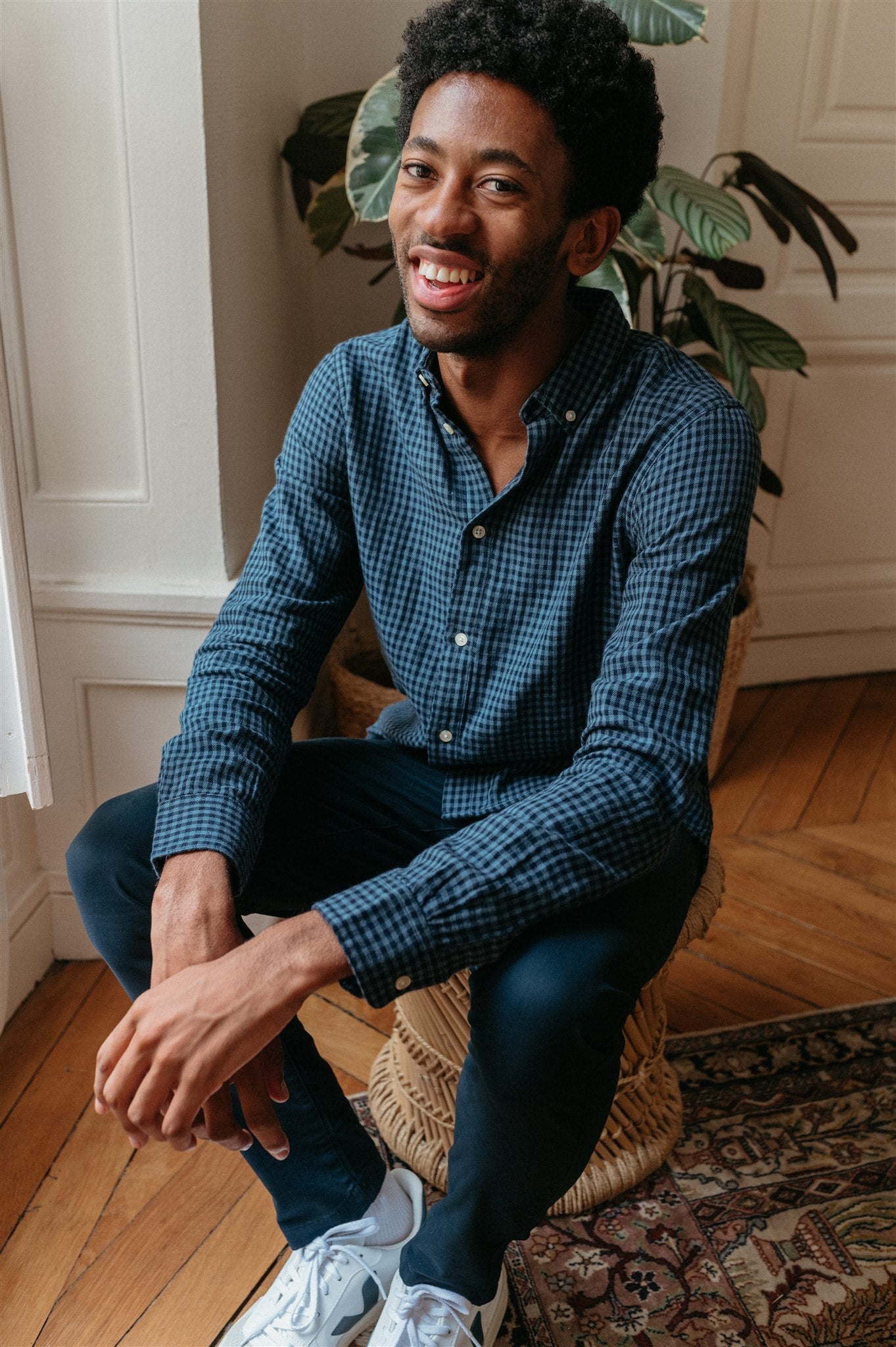 Chemise à carreaux bleue en coton bio - double layer checked custom fit shirt china blue