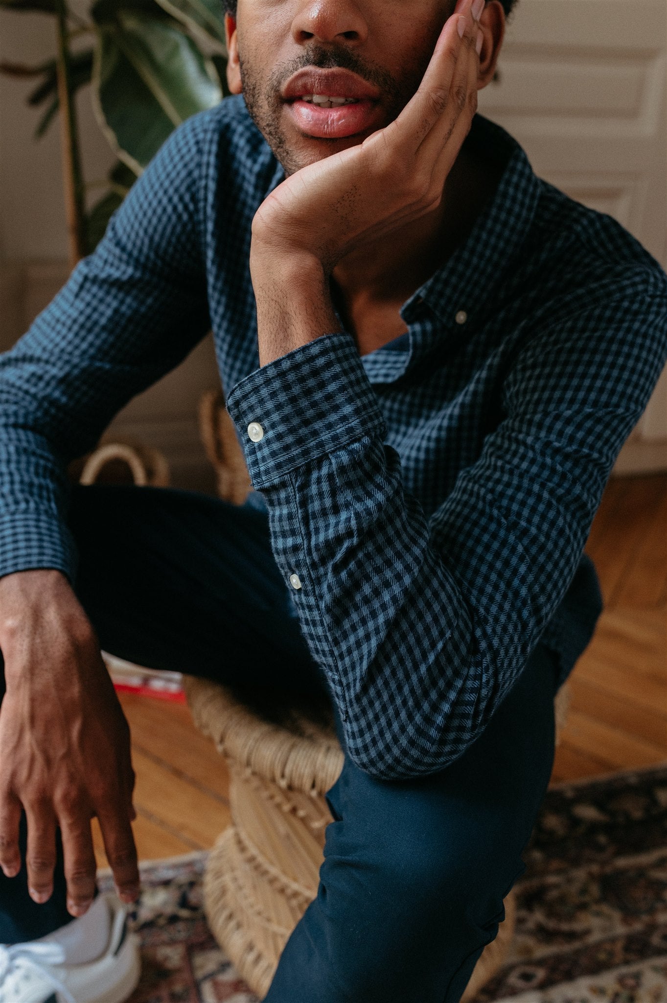 Chemise à carreaux bleue en coton bio - double layer checked custom fit shirt china blue