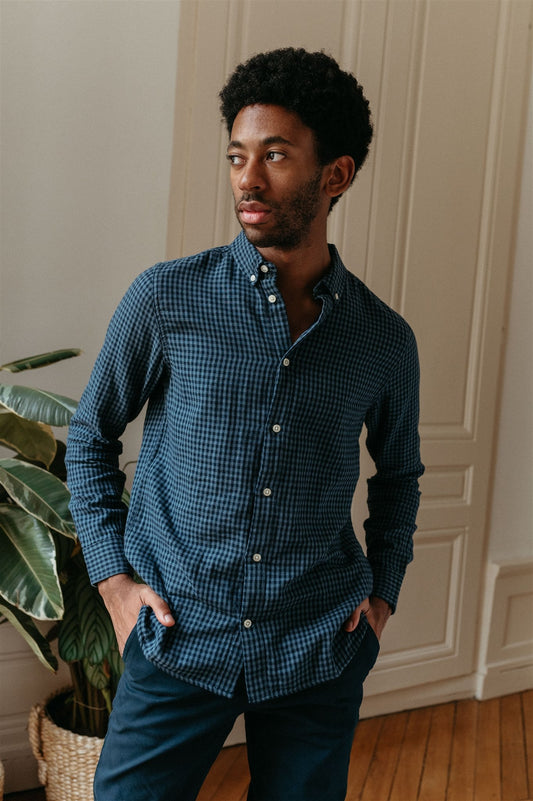 Chemise à carreaux bleue en coton bio - double layer checked custom fit shirt china blue