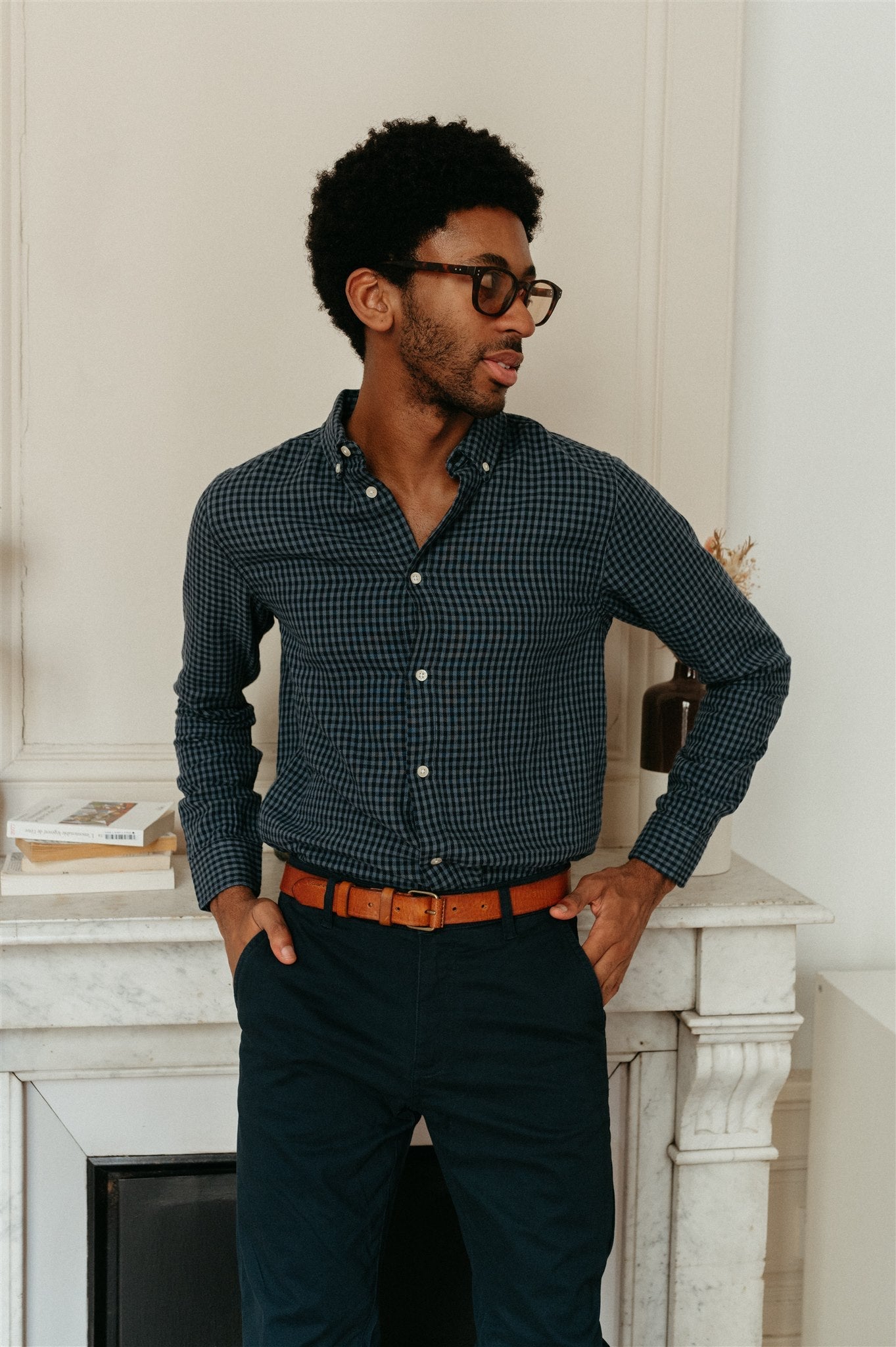 Chemise à carreaux bleue en coton bio - double layer checked custom fit shirt china blue