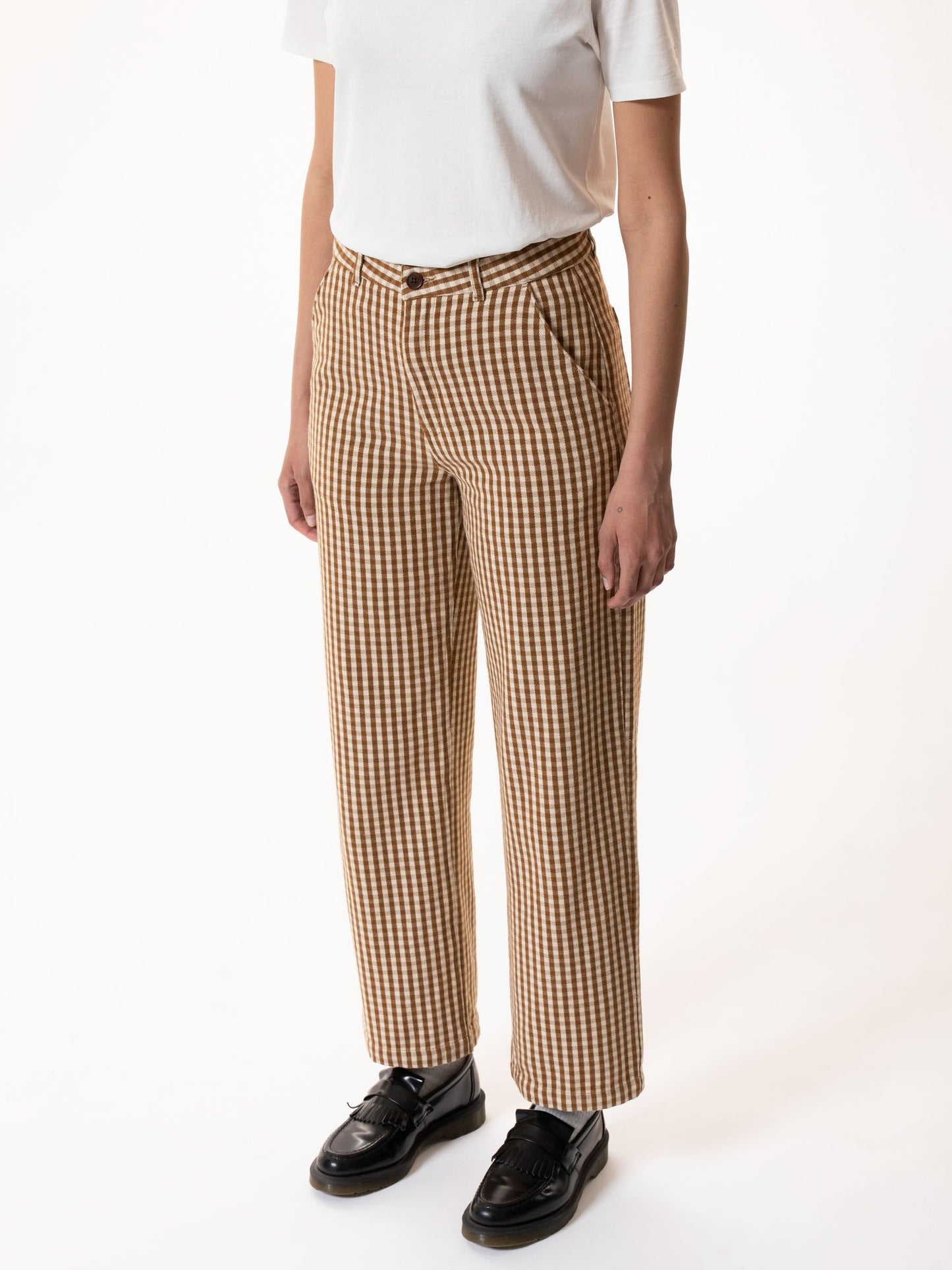 Pantalon vichy marron et blanc en coton bio - willa pants gingham oak