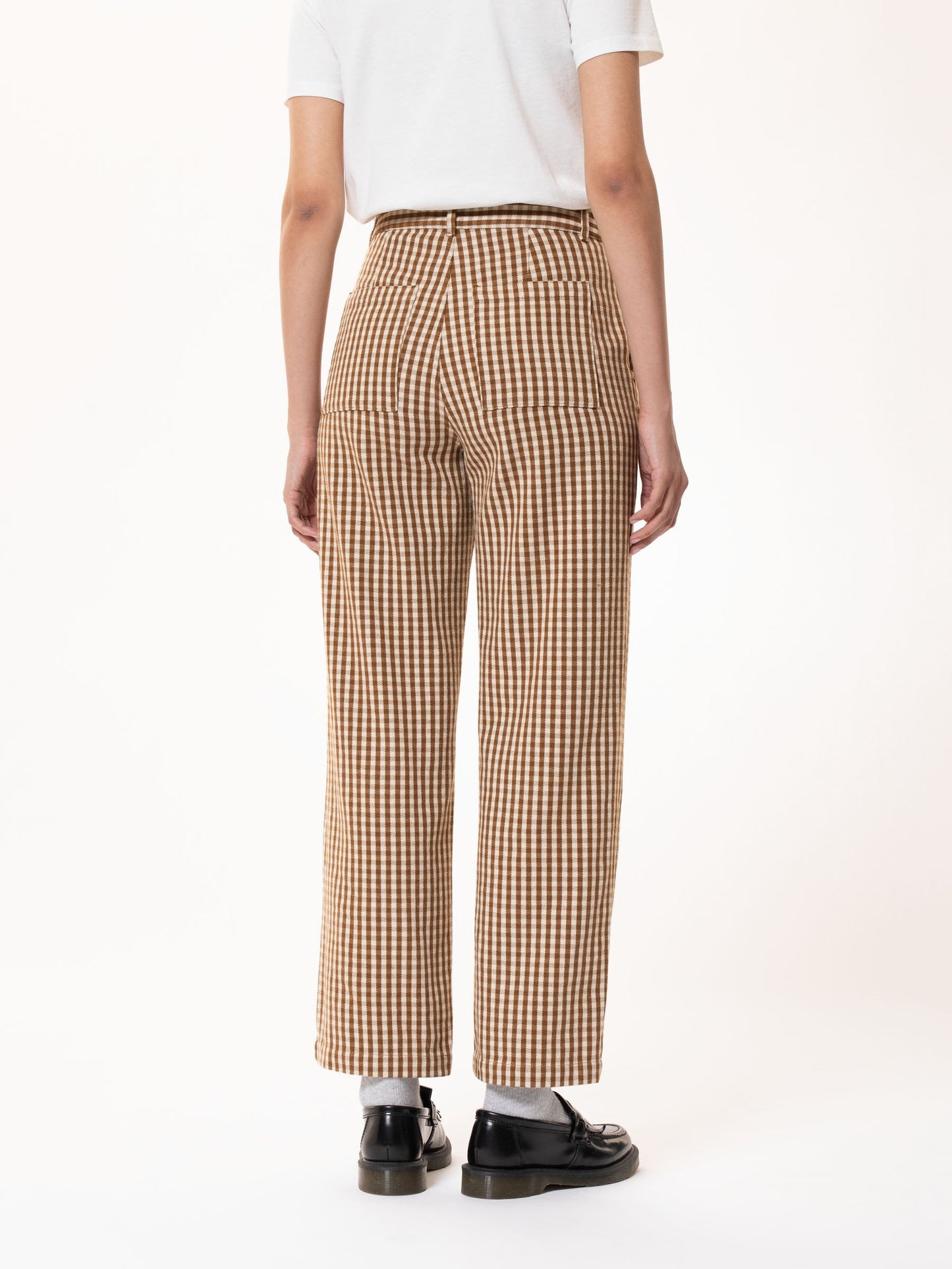 Pantalon vichy marron et blanc en coton bio - willa pants gingham oak